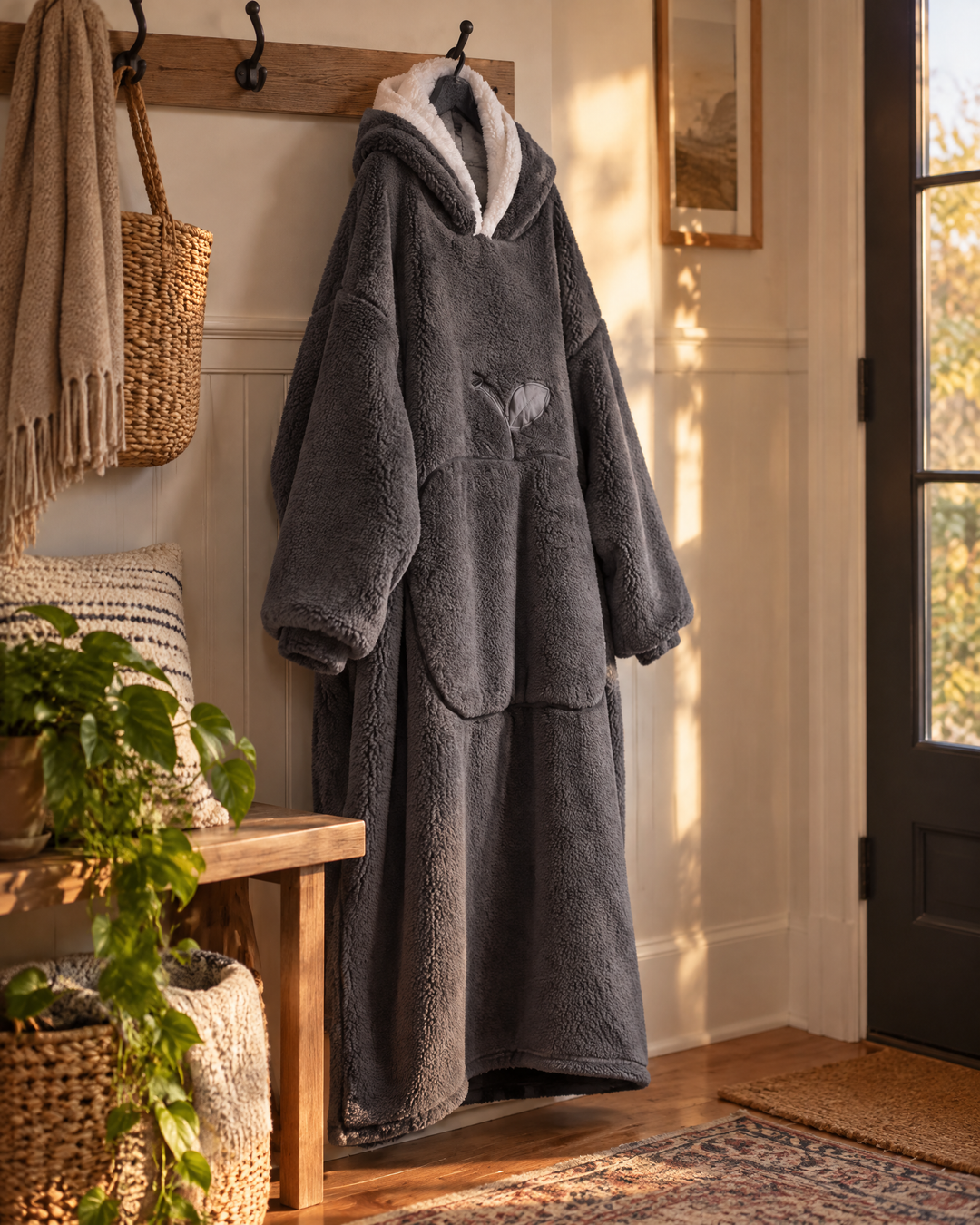 Extra-Long Sherpa Hoodie Blanket with Sleeves and Big Pocket