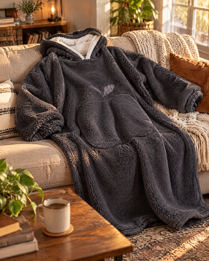 Extra-Long Sherpa Hoodie Blanket with Sleeves and Big Pocket