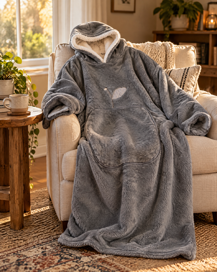 Extra-Long Sherpa Hoodie Blanket with Sleeves and Big Pocket