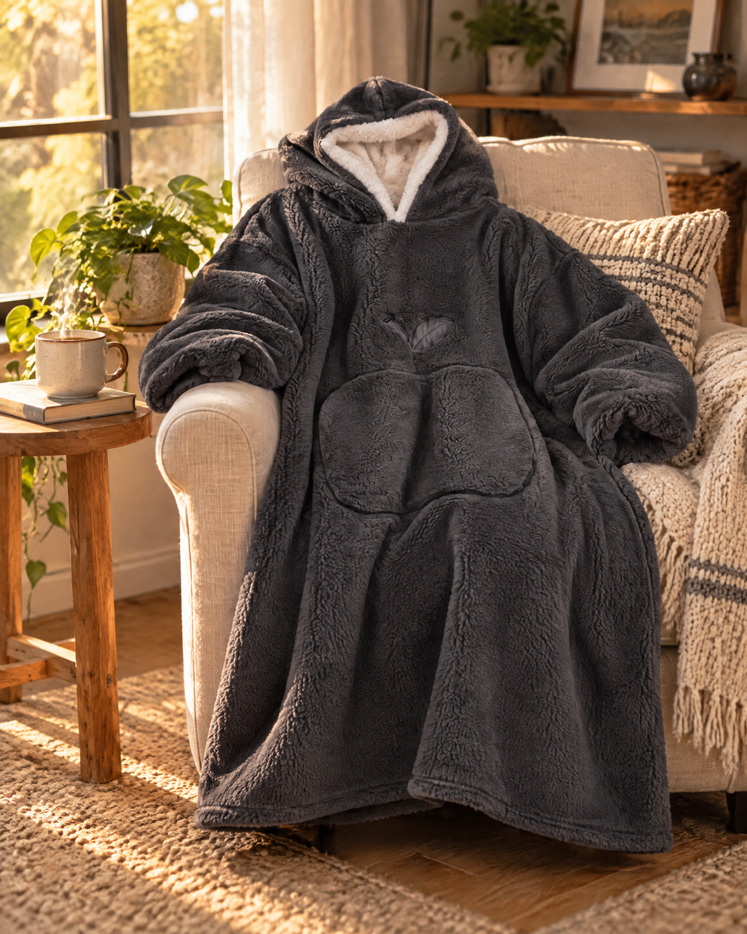 Extra-Long Sherpa Hoodie Blanket with Sleeves and Big Pocket