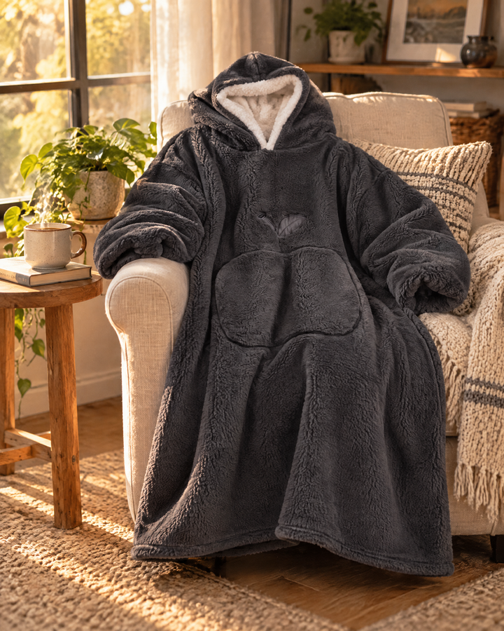 Extra-Long Sherpa Hoodie Blanket with Sleeves and Big Pocket