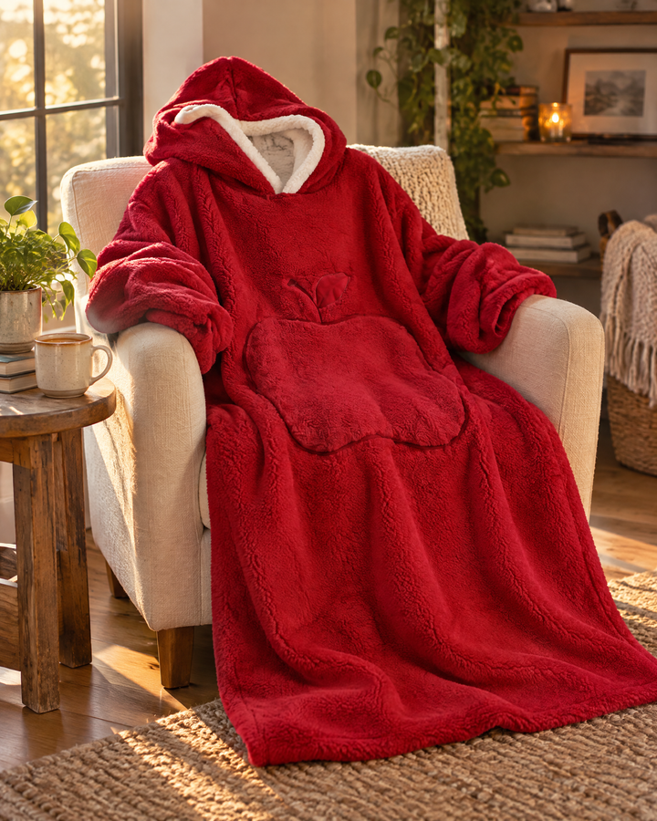 Extra-Long Sherpa Hoodie Blanket with Sleeves and Big Pocket