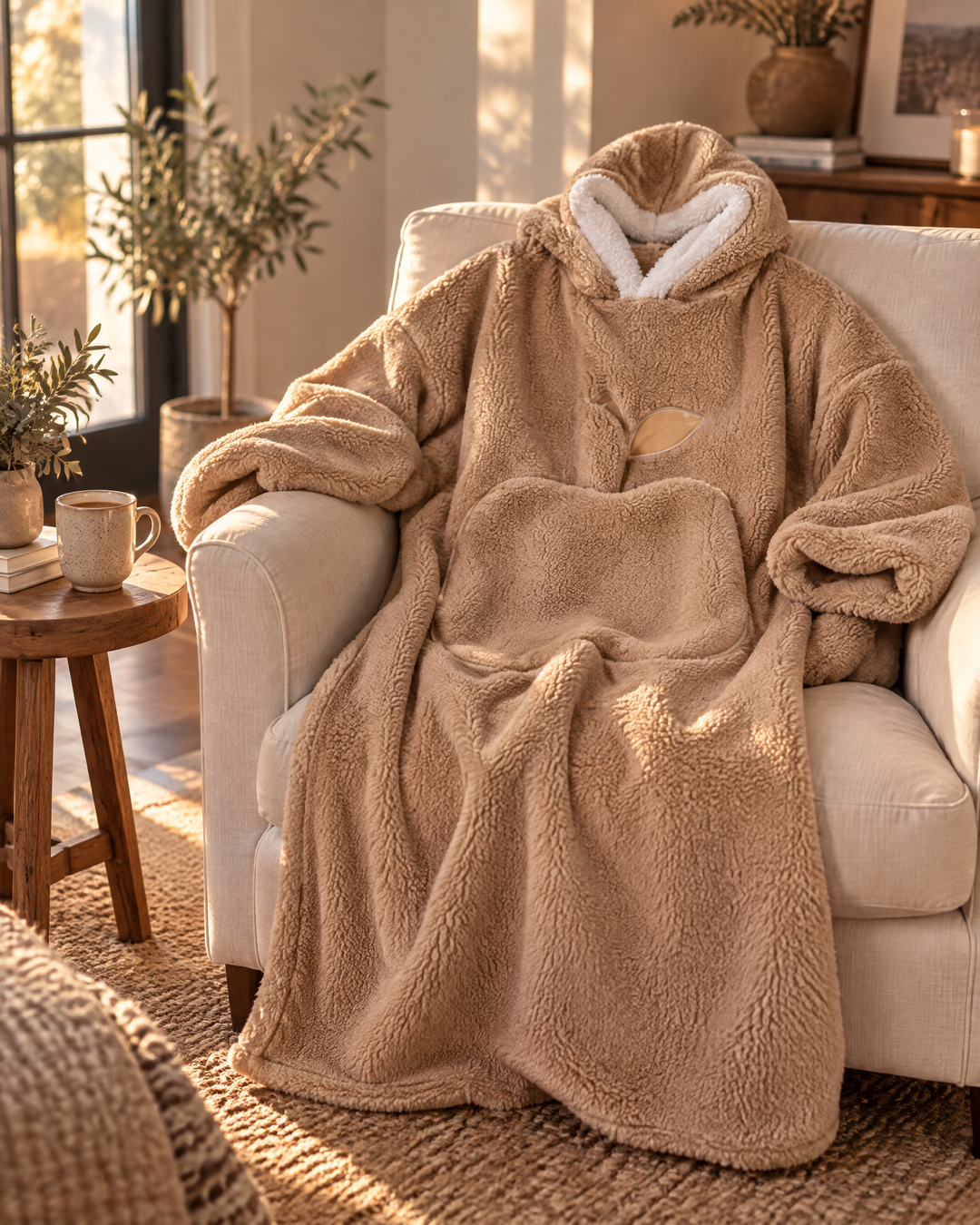 Extra-Long Sherpa Hoodie Blanket with Sleeves and Big Pocket