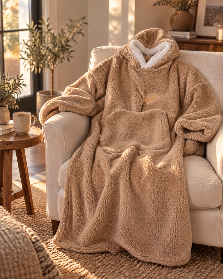 Extra-Long Sherpa Hoodie Blanket with Sleeves and Big Pocket