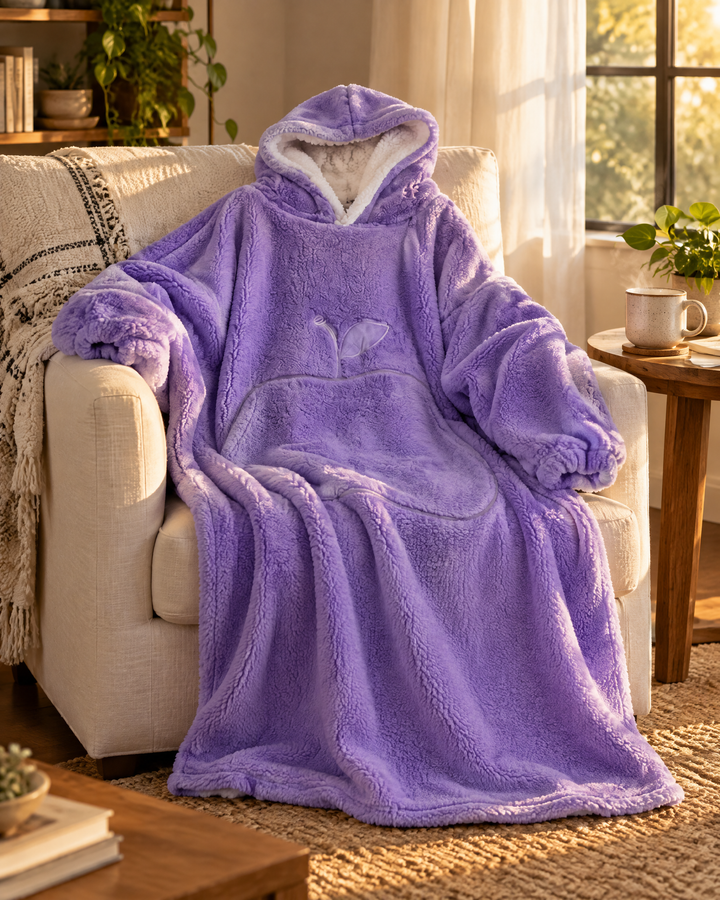 Extra-Long Sherpa Hoodie Blanket with Sleeves and Big Pocket