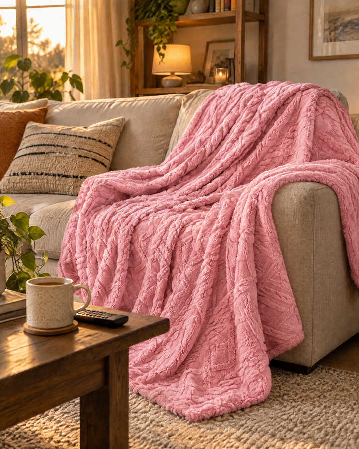 Fluffy Flannel Fleece Throw Blanket with Stitched Texture