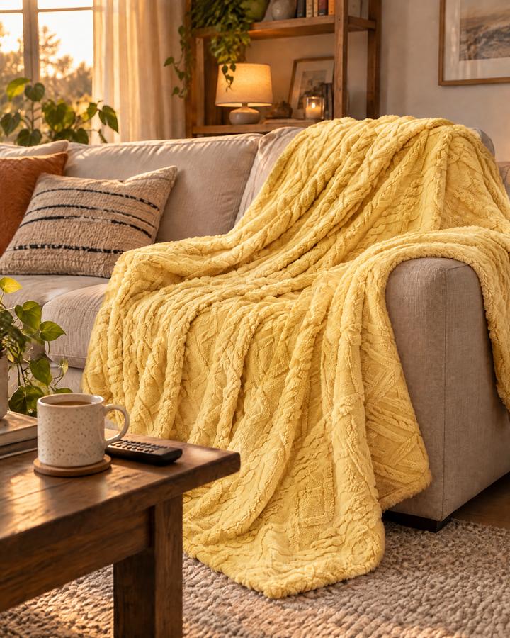 Fluffy Flannel Fleece Throw Blanket with Stitched Texture