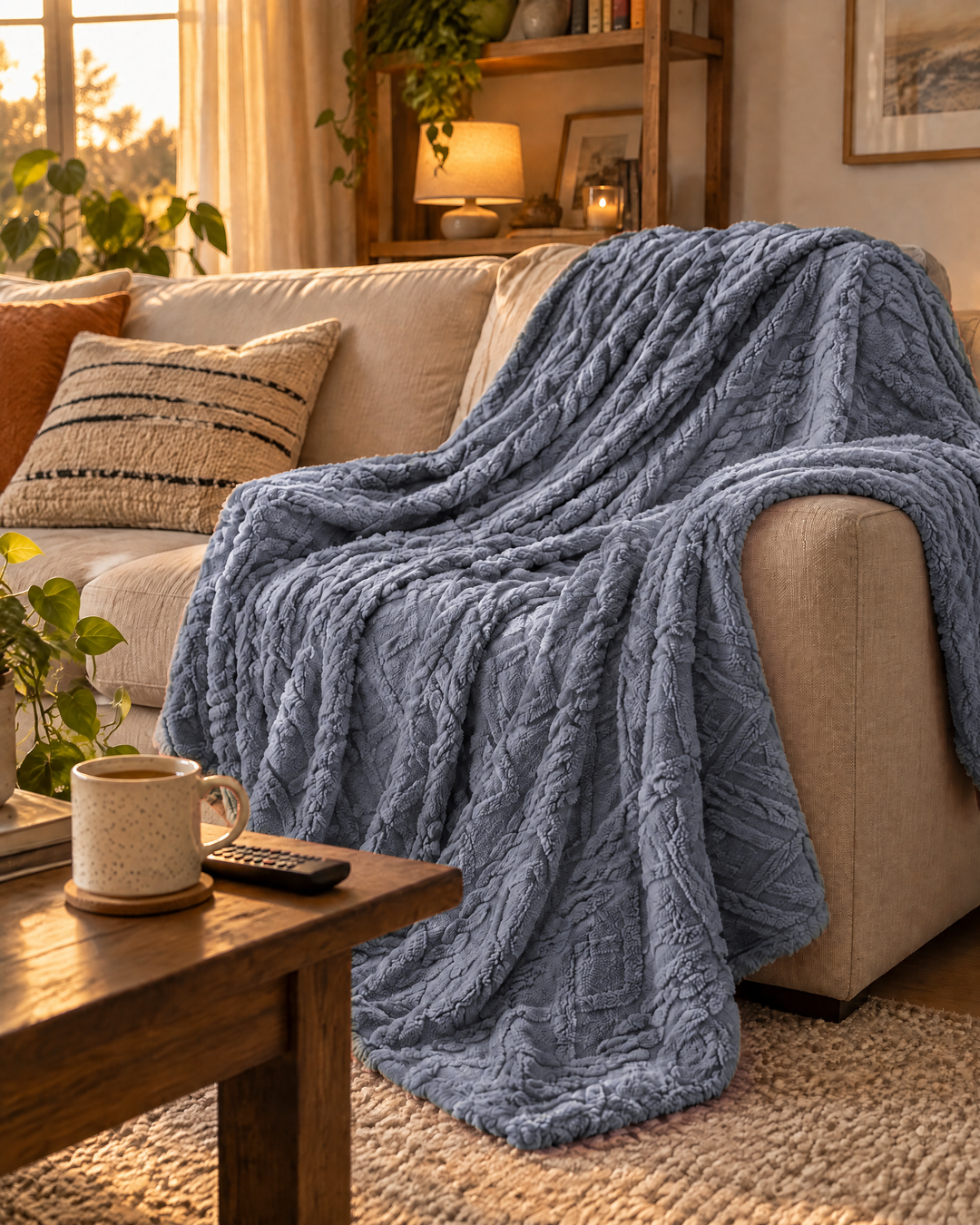 Fluffy Flannel Fleece Throw Blanket with Stitched Texture