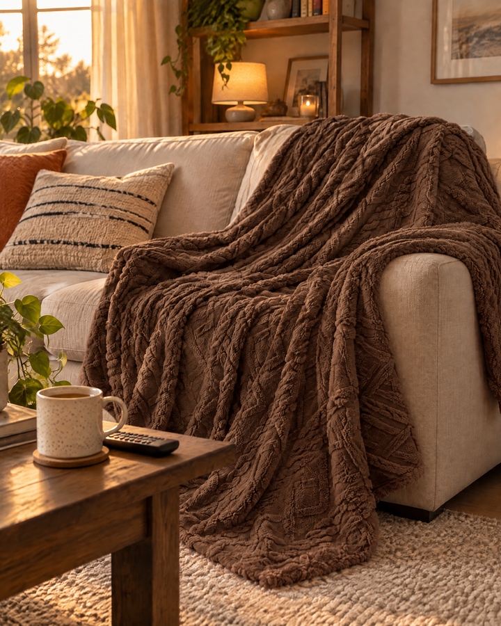 Fluffy Flannel Fleece Throw Blanket with Stitched Texture