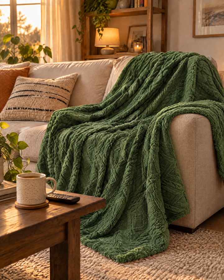 Fluffy Flannel Fleece Throw Blanket with Stitched Texture