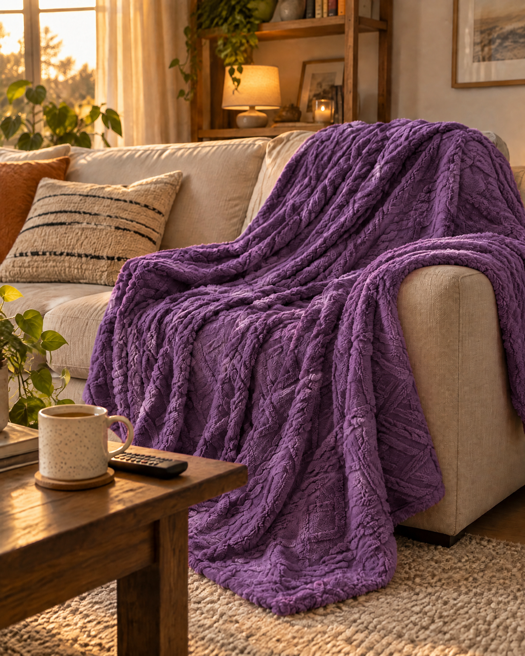 Fluffy Flannel Fleece Throw Blanket with Stitched Texture