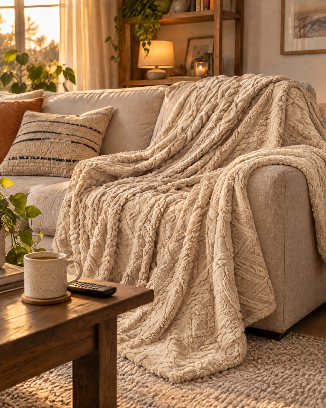 Fluffy Flannel Fleece Throw Blanket with Stitched Texture