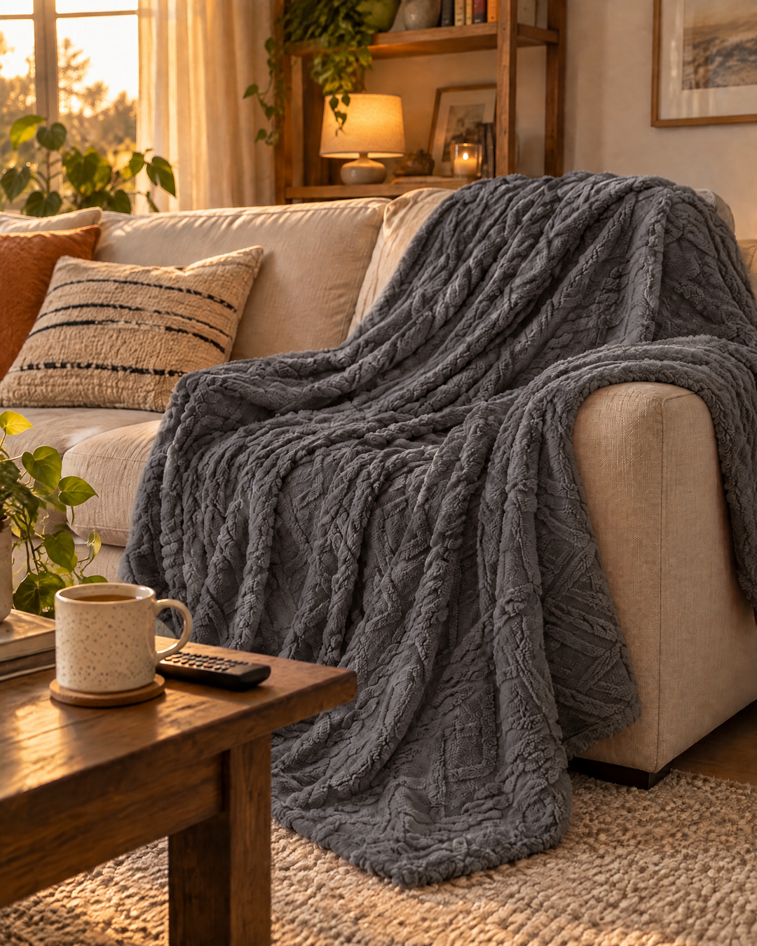 Fluffy Flannel Fleece Throw Blanket with Stitched Texture