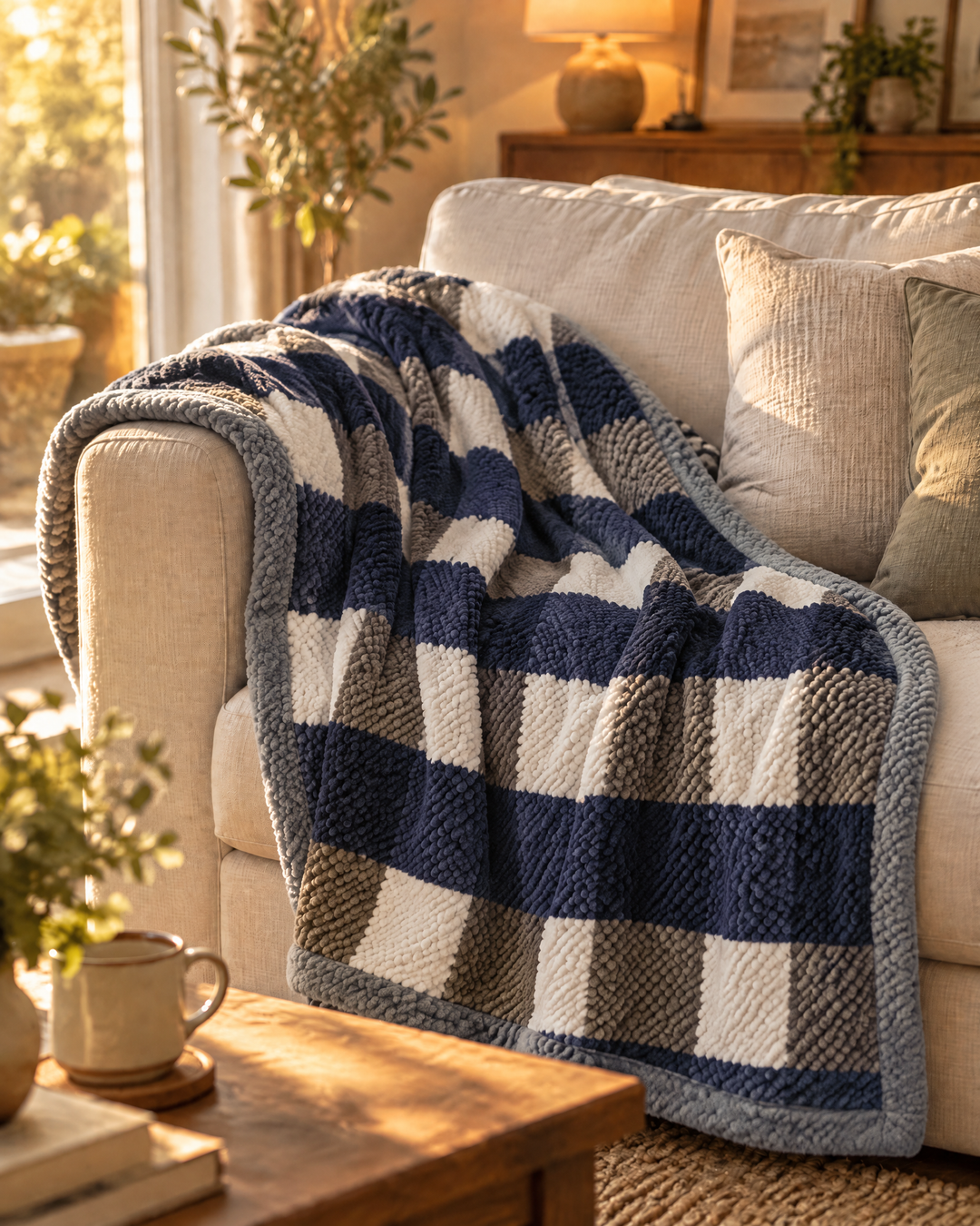 Plushley™ Chunky Chenille Knit Throw Blanket in Check and Stripe
