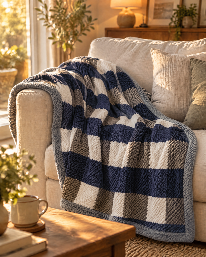 Plushley™ Chunky Chenille Knit Throw Blanket in Check and Stripe