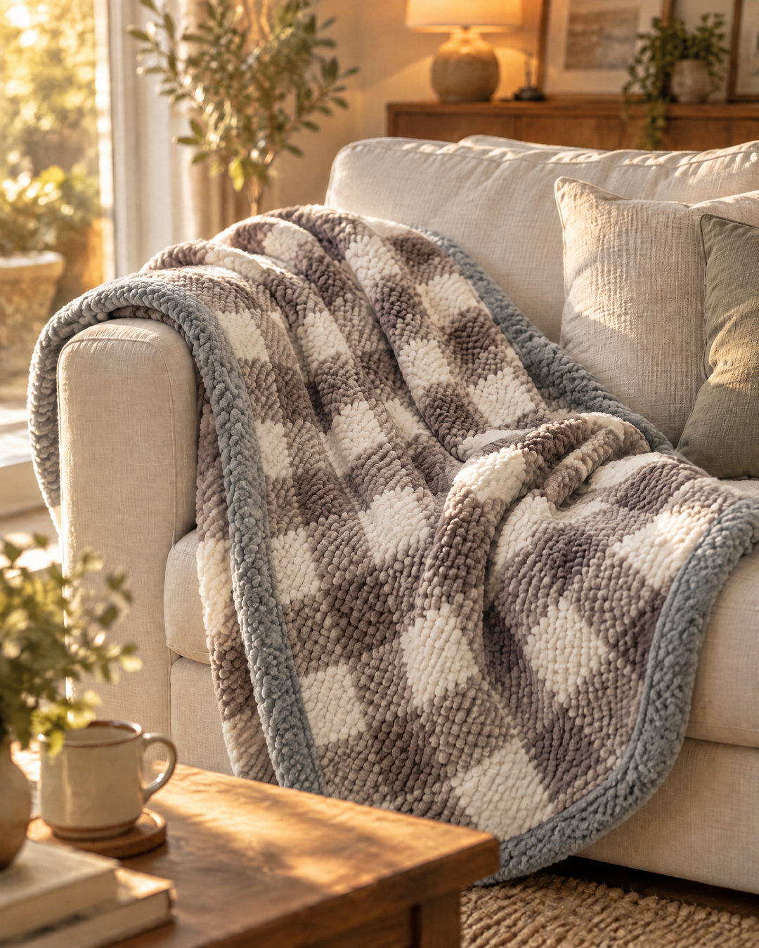 Plushley™ Chunky Chenille Knit Throw Blanket in Check and Stripe