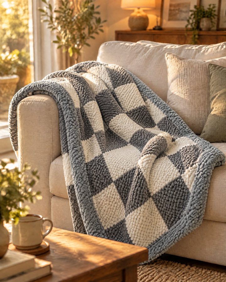 Plushley™ Chunky Chenille Knit Throw Blanket in Check and Stripe