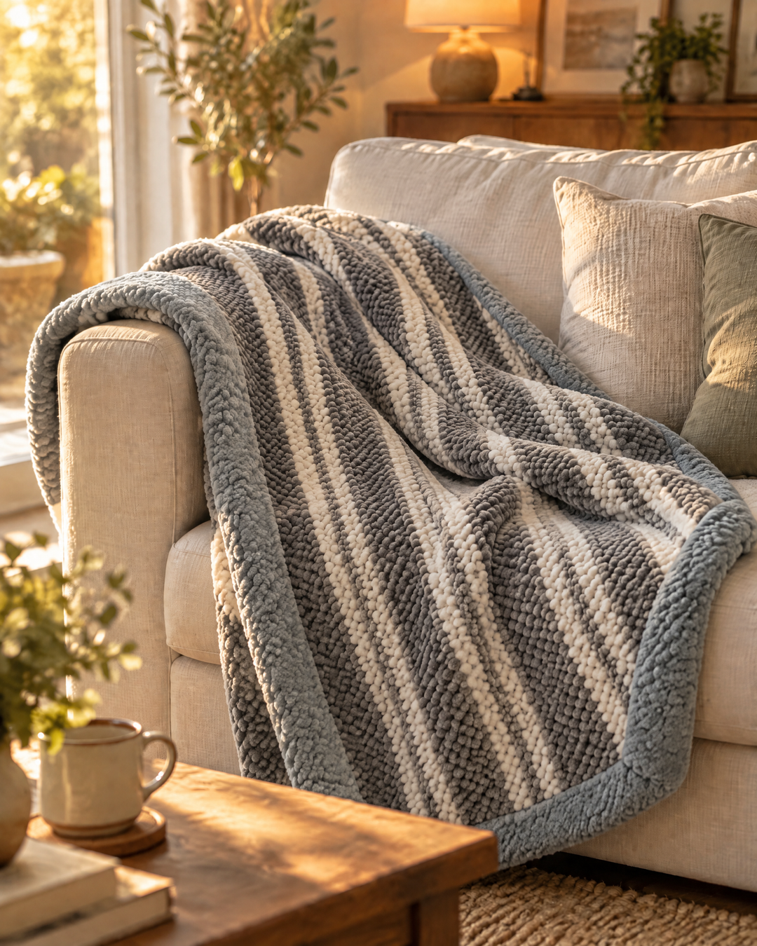 Plushley™ Chunky Chenille Knit Throw Blanket in Check and Stripe
