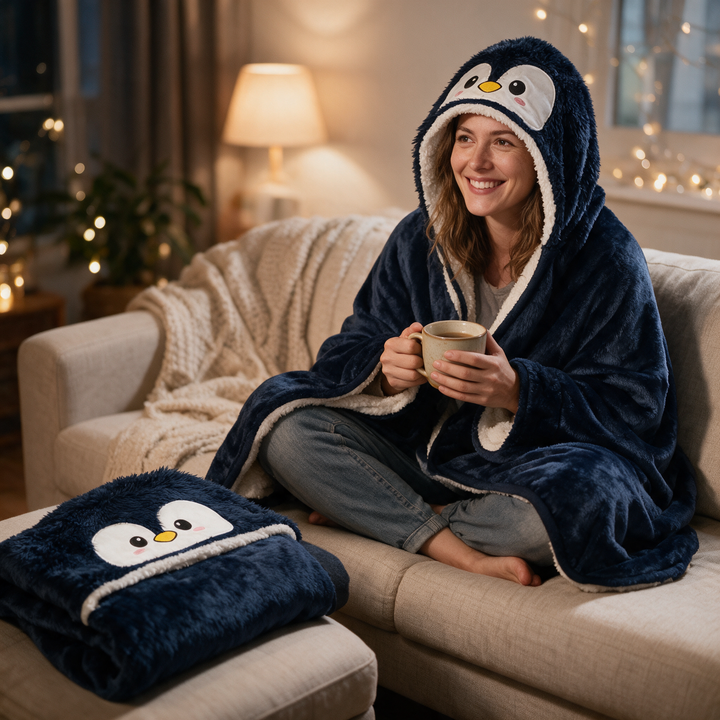 Penguin Wearable Blanket with Oversized Hood and Button Front