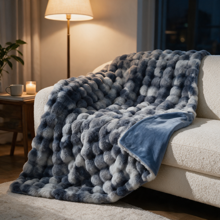 Reversible Faux Rabbit Fur Throw Blanket with Velvet Back