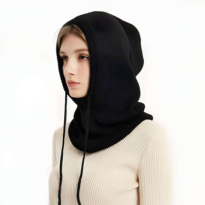 Hooded Knit Beanie in Soft Wool Blend with Drawstrings