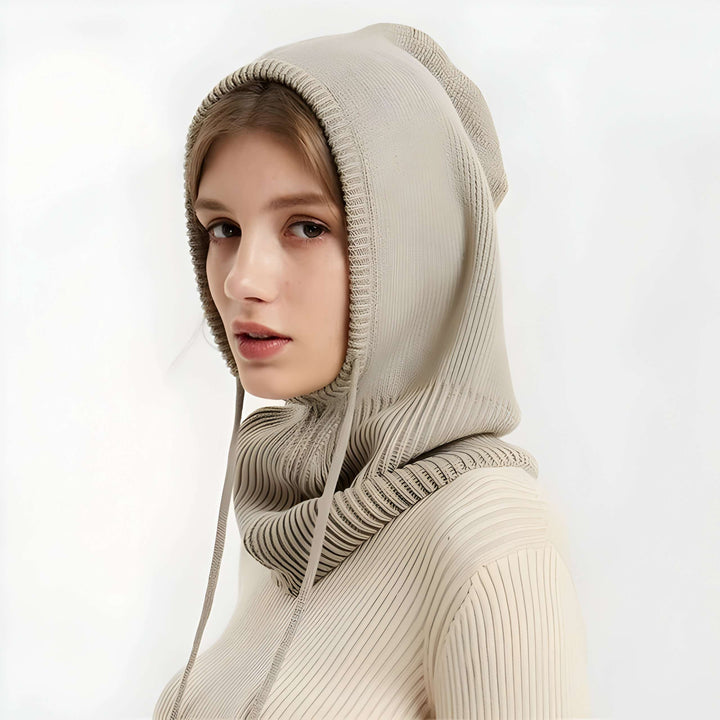 Hooded Knit Beanie in Soft Wool Blend with Drawstrings