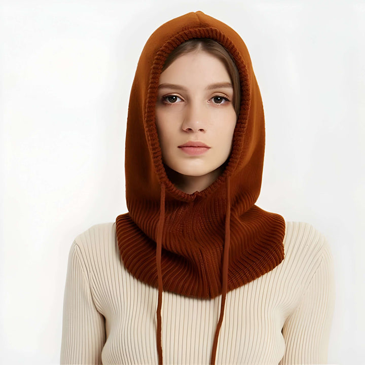 Hooded Knit Beanie in Soft Wool Blend with Drawstrings