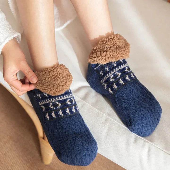 Snowflake Knit Fleece-Lined Socks with Non-Slip Grips