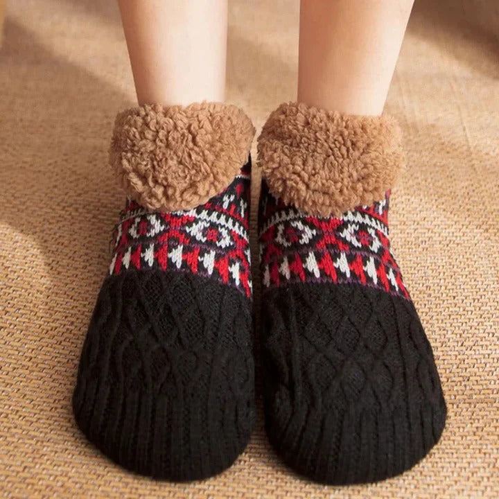 Snowflake Knit Fleece-Lined Socks with Non-Slip Grips