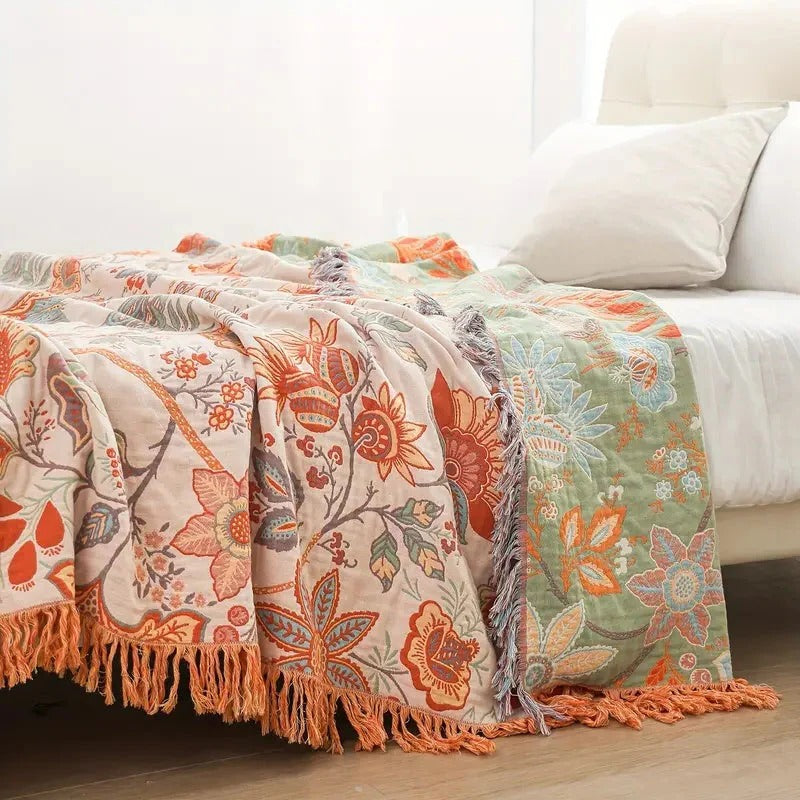 Floral Cotton Throw Blanket with Boho Fringe Trim