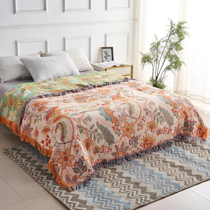 Floral Cotton Throw Blanket with Boho Fringe Trim