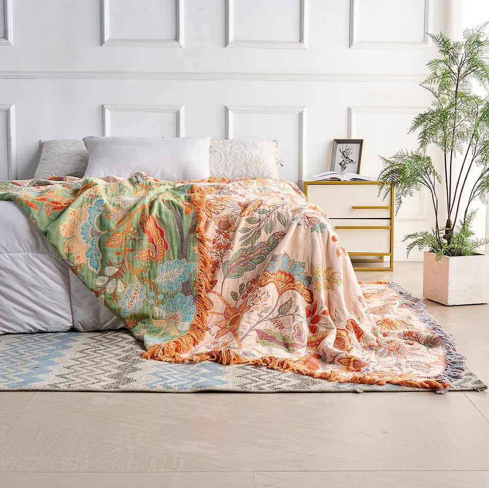Floral Cotton Throw Blanket with Boho Fringe Trim