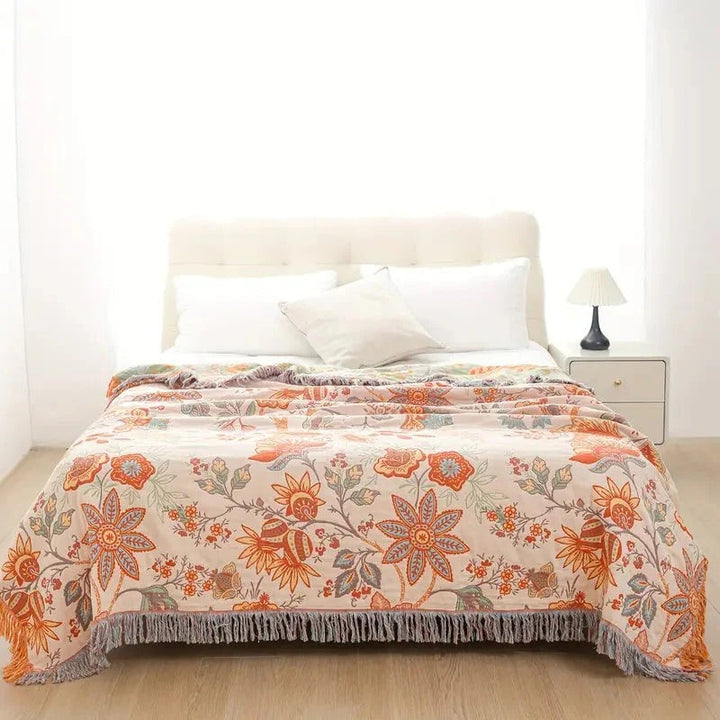 Floral Cotton Throw Blanket with Boho Fringe Trim