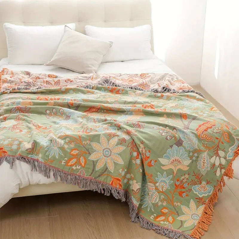 Floral Cotton Throw Blanket with Boho Fringe Trim