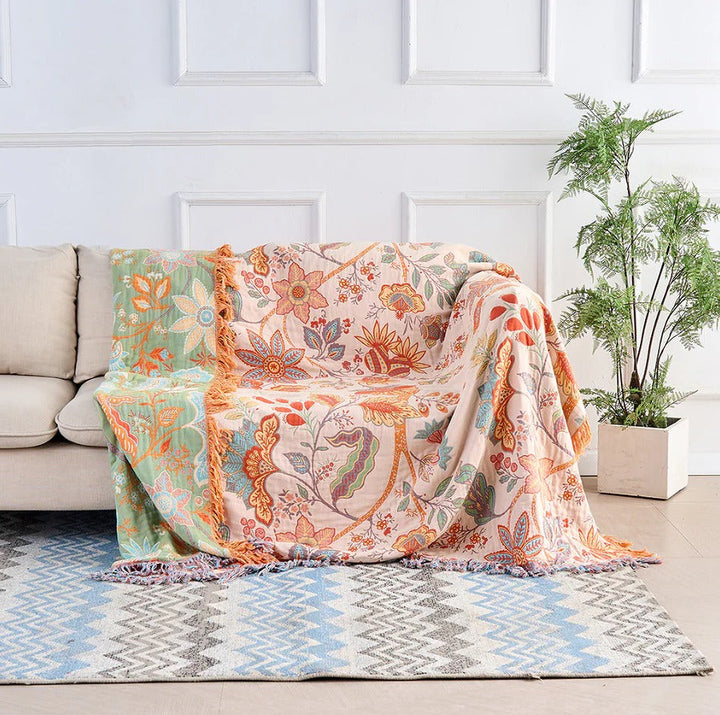 Floral Cotton Throw Blanket with Boho Fringe Trim
