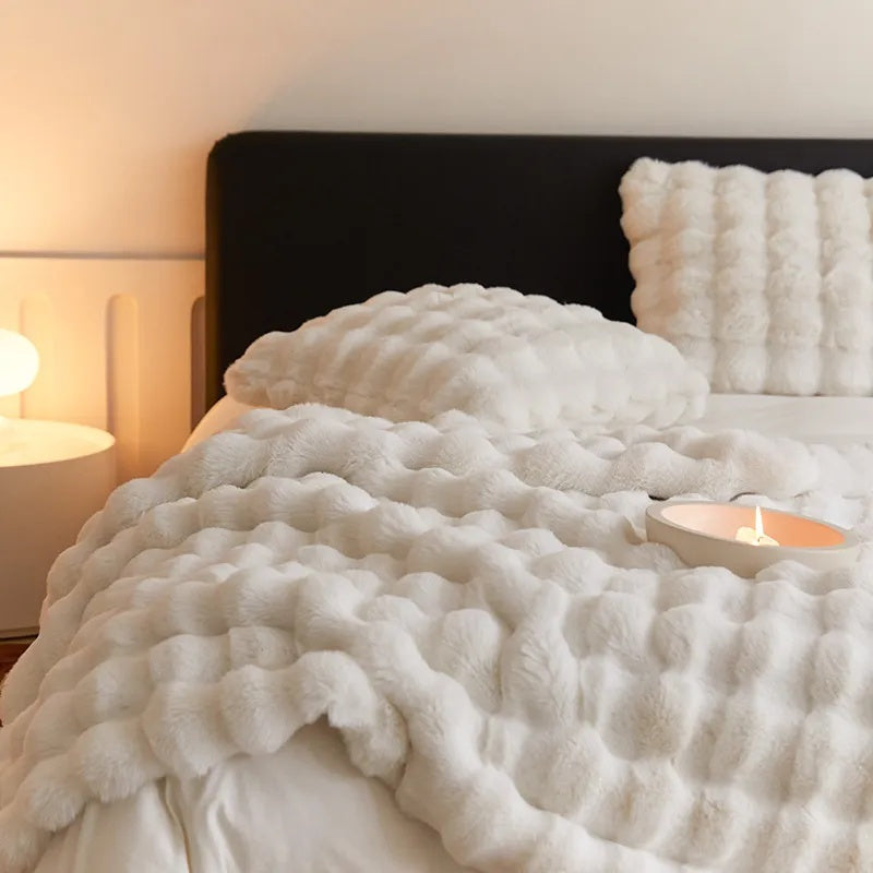 Double-Lined Faux Rabbit Fur Throw Blanket with Real Weight