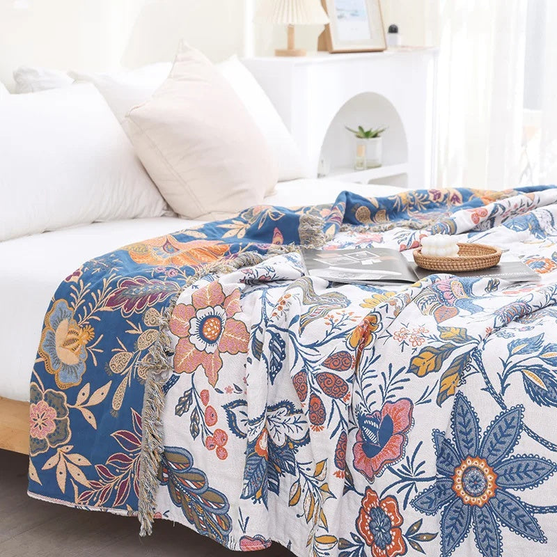 Rustic Floral Cotton Blanket, Reversible with Tassel Trim