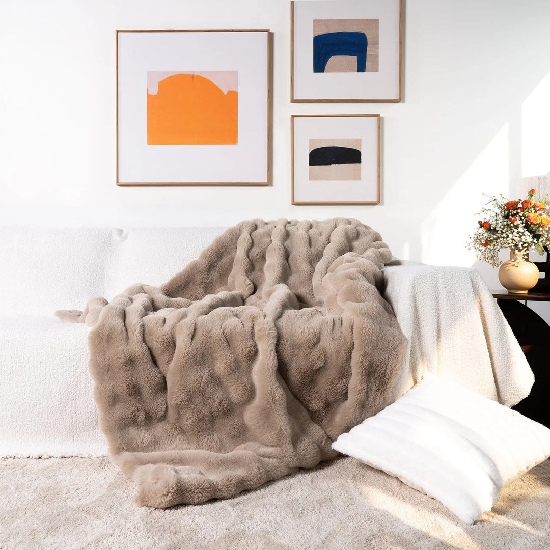 Double-Lined Faux Rabbit Fur Throw Blanket with Real Weight