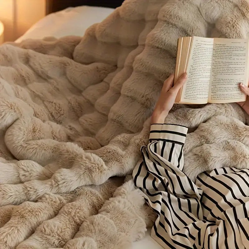 Double-Lined Faux Rabbit Fur Throw Blanket with Real Weight