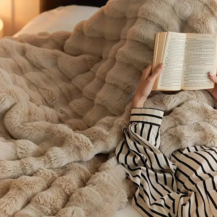Double-Lined Faux Rabbit Fur Throw Blanket with Real Weight