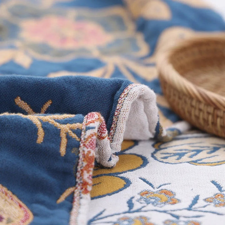 Rustic Floral Cotton Blanket, Reversible with Tassel Trim