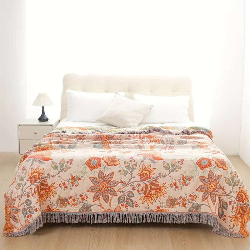 Boho Floral Cotton Throw with Fringe in Orange and Blue