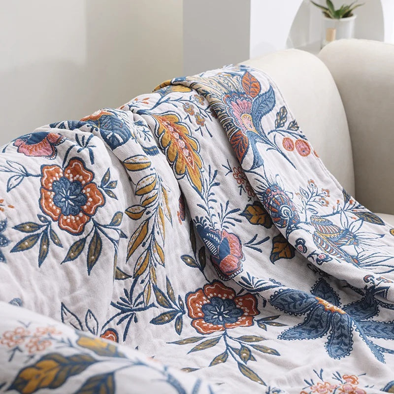 Rustic Floral Cotton Blanket, Reversible with Tassel Trim