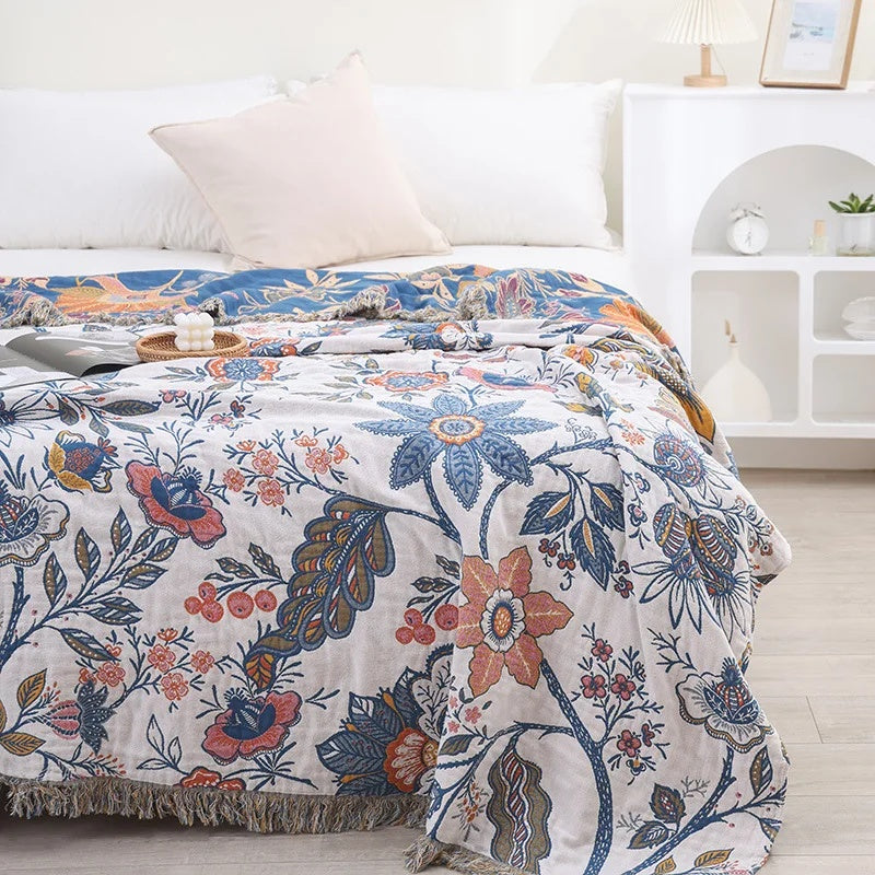 Rustic Floral Cotton Blanket, Reversible with Tassel Trim