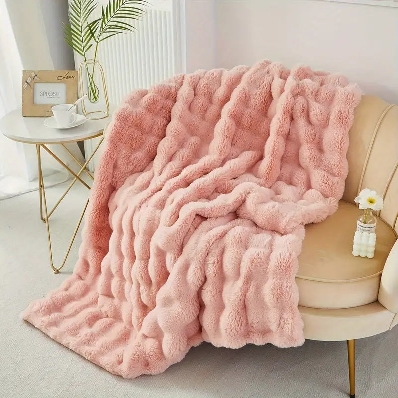 Double-Lined Faux Rabbit Fur Throw Blanket with Real Weight