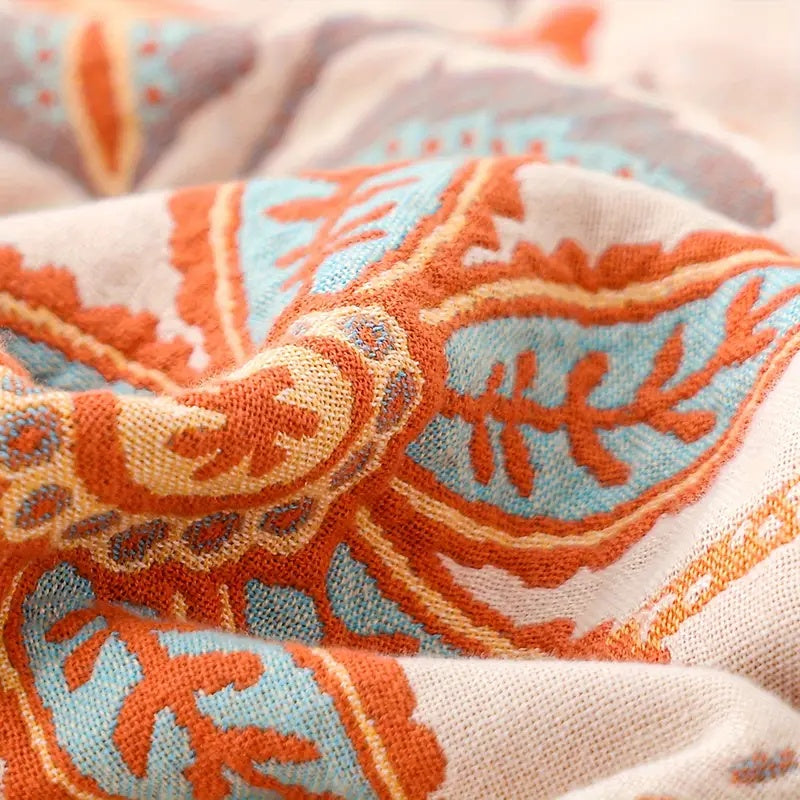 Boho Floral Cotton Throw with Fringe in Orange and Blue