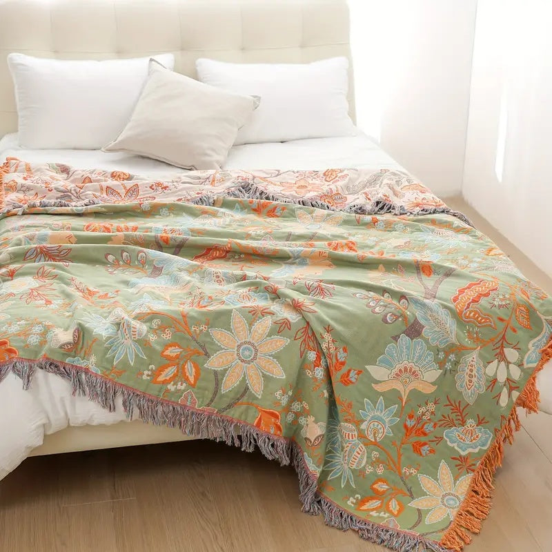 Boho Floral Cotton Throw with Fringe in Orange and Blue