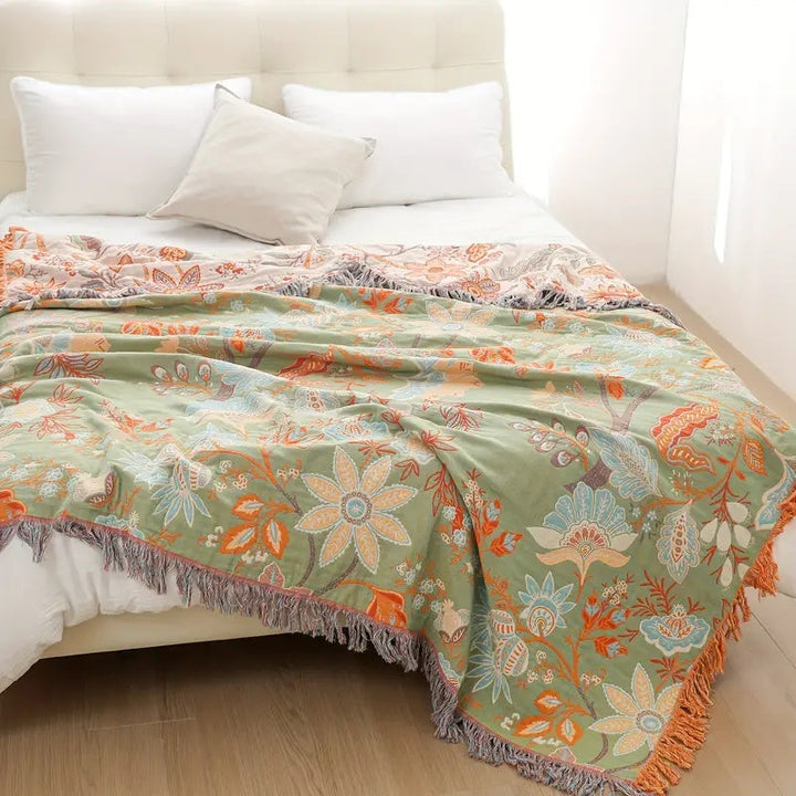 Boho Floral Cotton Throw with Fringe in Orange and Blue