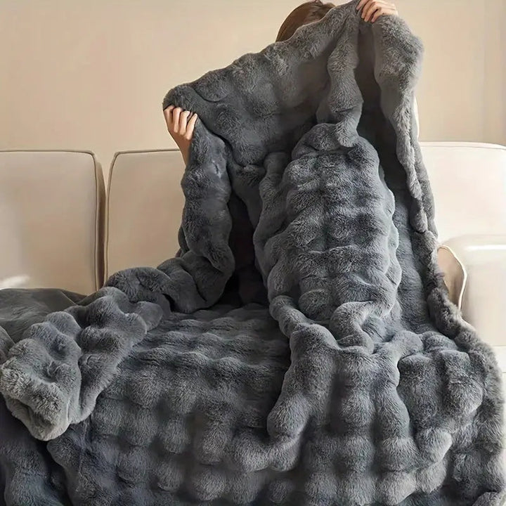 Double-Lined Faux Rabbit Fur Throw Blanket with Real Weight