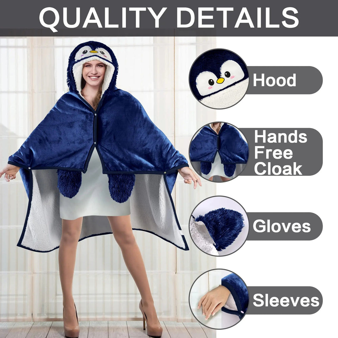 Penguin Wearable Blanket with Oversized Hood and Button Front